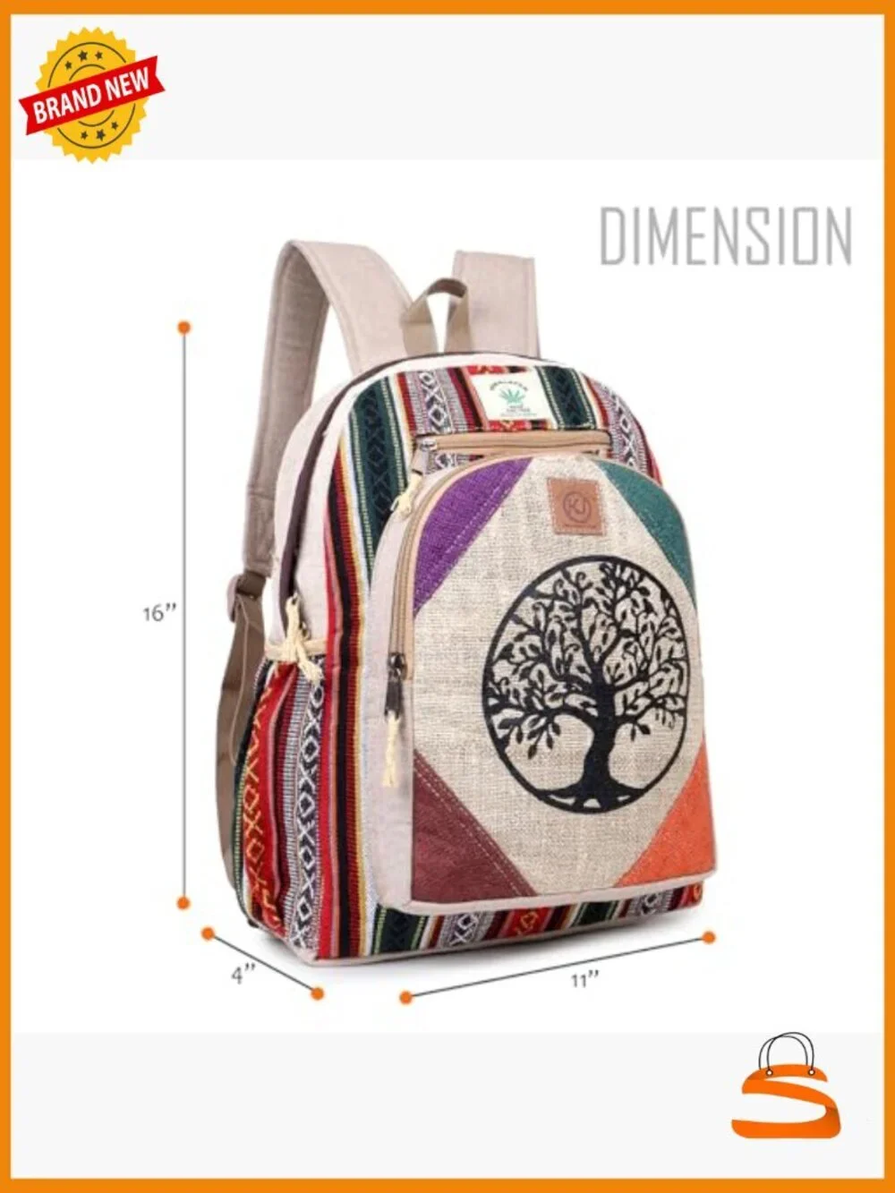 Large Handmade Hemp Backpack Multi Pocket Boho Fair Trade